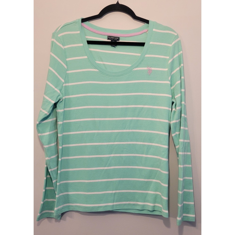 US Polo Assn Striped Scoop Neck Top Mint Green White Long Sleeve XL